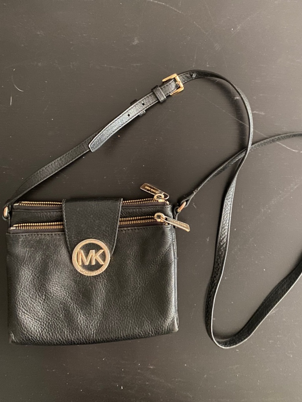 Michael Kors Black Pebbled Leather Crossbody Bag | Double Zip | Gold Hardware
